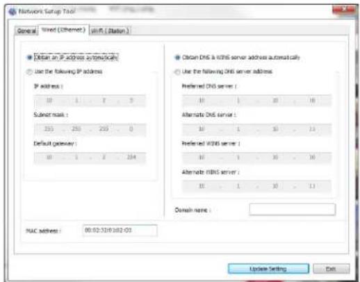 Network Setup Trial General Sorted (Ethernet) WtR (Station) Select an IP address automatic Use the following IP address IP address : 10 1 7 9 Submit mask : 255 250 255 0 Default gateway : 30 1 2 254 Open DNS & ICHS server address automatically Use the following DNS server address Preferred DNS server : 10 1 10 10 Alternate DNS server : 10 1 10 13 Preferred DNS server : 10 1 10 10 Alternate DNS server : 10 1 10 13 Domain name : NUC address : 00:02:326:282:03 Update Setting Exit