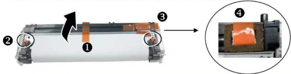 Diagram illustrating a printing process with labeled steps and a close-up of the final step, showing material being processed.