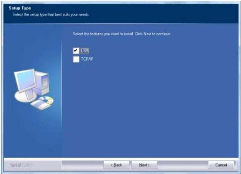 Setup Type Select the setup type that best suits your needs. Select the features you want to install. Click Next to continue. USB TCP/IP Install Sale < Back Next > Cancel