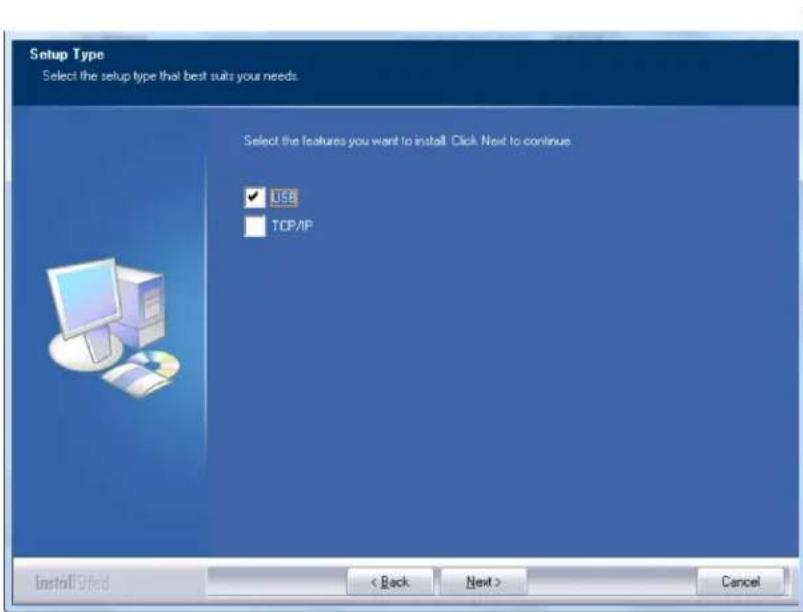 Setup Type Select the setup type that best suits your needs. Select the features you want to install. Click Next to continue. USB TCP/IP Install/Stack < Back Next > Cancel