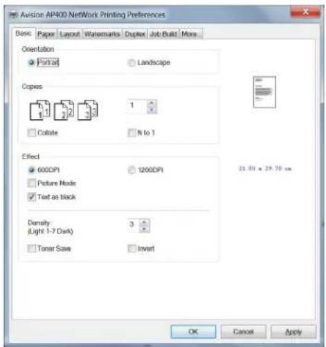 Avisi AP400 Network Printing Preferences Basic Paper Layout Watermarks Duplex Job Build More... Orientation Portrait Landscape Copies 1 2 3 4 5 6 7 8 9 10 11 12 13 14 15 16 17 18 19 20 21 22 23 24 25 26 27 28 29 30 31 32 33 34 35 36 37 38 39 40 41 42 43 44 45 46 47 48 49 50 51 52 53 54 55 56 57 58 59 60 61 62 63 64 65 66 67 68 69 70 Coblate N to I Effect 000DPJ 1200DPJ Picture Mode Text as black Density (Light: 1-7 Dark) 3 Tuner Size Invert OK Cancel Apply