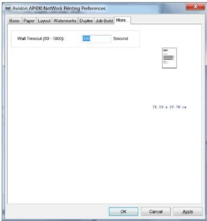 Avision AP400 NetWork Printing Preferences Basic Paper Layout Watermarks Duplex Job Build More... Wait Timeout (60 - 1800): 300 Second 21.00 x 25.70 cm OK Cancel Apply