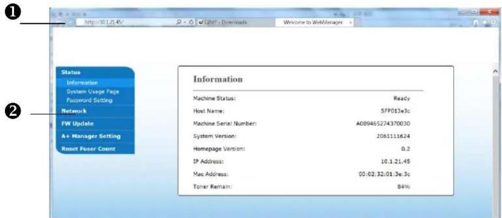 Status Information System Usage Page Password Setting: Network FW Update A+ Manager Setting Reset Fuser Count Information Machine Status: Ready Host Name: SFP013e3c Machine Serial Number: A089465274370030 System Version: 2081111624 Homepage Version: 0.2 IP Address: 10.1.21.45 Mac Address: 00:02:32:01:3e.3c Toner Remain: 84%