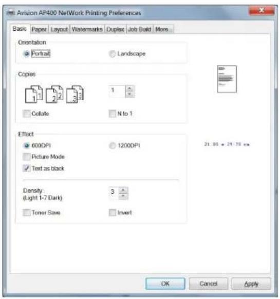 Avison AP400 Network Printing Preferences Basic Paper Layout Watermarks Duplex Job Build More Orientation Portrait Landscape Copies Collate N to 1 Effect 600DP1 1200DP1 Picture Mode Text as black Density (Light 1-7 Dark) 3 Toner Save Invert OK Cancel Apply