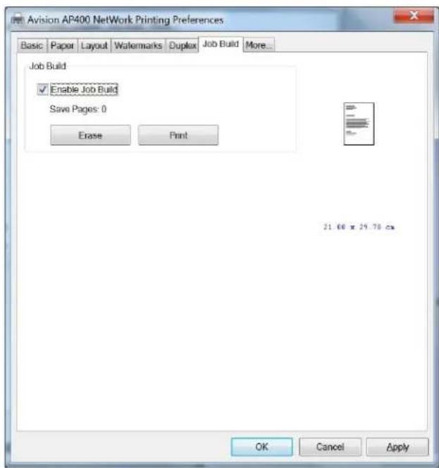 Avision AP400 NetWork Printing Preferences Basic Paper Layout Watermarks Duplex Job Build More... Job Build Enable Job Build Save Pages: 0 Erase Print 21.60 x 29.78 cm OK Cancel Apply