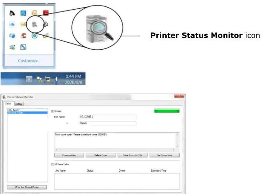 Printer Status Monitor icon Customize... 1:44 PM 2020/9/8 Printer Status Monitor Status Setting USD Procy Microsoft Windows SIF Enable Font Name: 10.123.85_1 X: Results Print cover open. Please close front cover (20001) Consumables Delete Errors Save Errors in CSV Get Errors Now All Users' Job Job Name Status Owner Submitted Time If for the Shared Print
