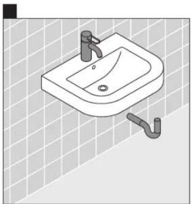 Isometric line drawing of a bathroom sink with faucet and pipe branch against tiled wall (no text or symbols)