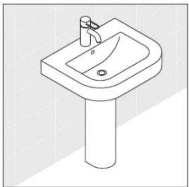 Line drawing of a simple 3D sink with faucet and pedestal (no text or symbols)