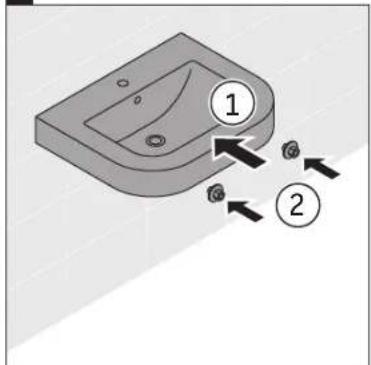 Diagram of a bathroom sink with numbered arrows indicating movement or force, labeled 1 and 2.