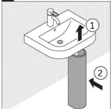 Diagram of a bathroom sink with labeled parts and directional arrows indicating movement or force
