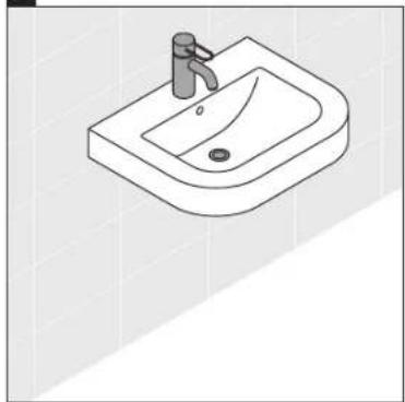 Isometric line drawing of a square sink with faucet and drain, placed on tiled wall (no text or symbols)