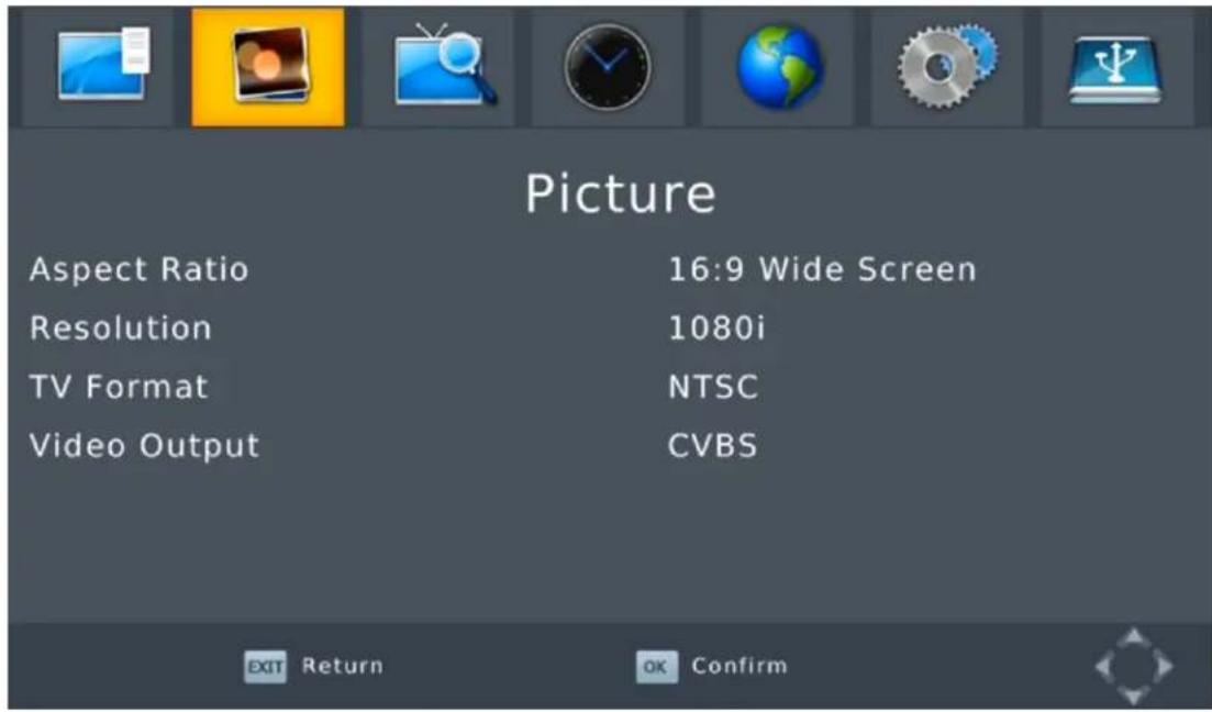 Picture Aspect Ratio 16:9 Wide Screen Resolution 1080i TV Format NTSC Video Output CVBS EXIT Return OK Confirm