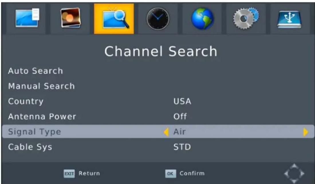 Channel Search Auto Search Manual Search Country USA Antenna Power Off Signal Type Air Cable Sys STD EXIT Return OK Confirm