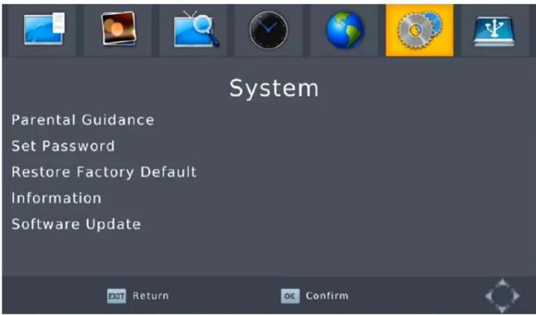 System Parental Guidance Set Password Restore Factory Default Information Software Update EXIT Return OK Confirm