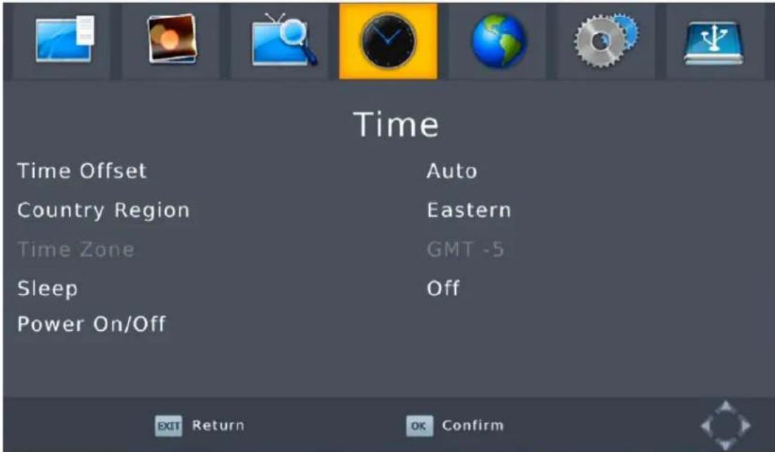Time Time Offset Auto Country Region Eastern Time Zone GMT -5 Sleep Off Power On/Off EXIT Return OK Confirm