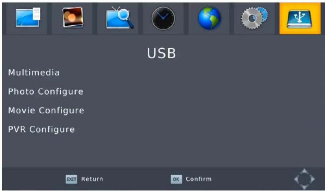 USB Multimedia Photo Configure Movie Configure PVR Configure EXIT Return OK Confirm