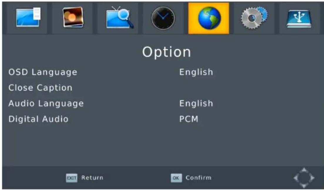 Option OSD Language English Close Caption Audio Language English Digital Audio PCM EXIT Return OK Confirm