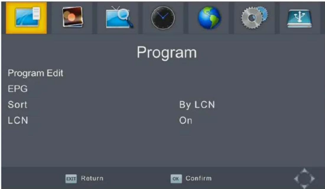 Program Program Edit EPG Sort By LCN LCN On EXIT Return OK Confirm