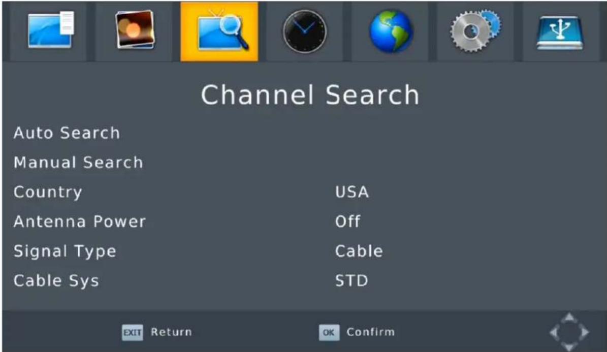Channel Search Auto Search Manual Search Country USA Antenna Power Off Signal Type Cable Cable Sys STD EXIT Return OK Confirm