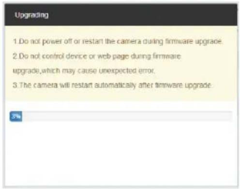 Upgrading 1. Do not power off or restart the camera during firmware upgrade. 2. Do not control device or web page during firmware upgrade, which may cause unexpected error. 3. The camera will restart automatically after firmware upgrade.