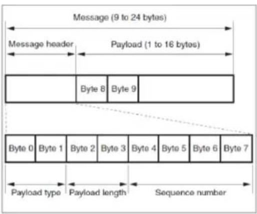 Message (9 to 24 bytes) Message header Payload (1 to 16 bytes) Byte 8 Byte 9 Byte 0 Byte 1 Byte 2 Byte 3 Byte 4 Byte 5 Byte 6 Byte 7 Payload type Payload length Sequence number