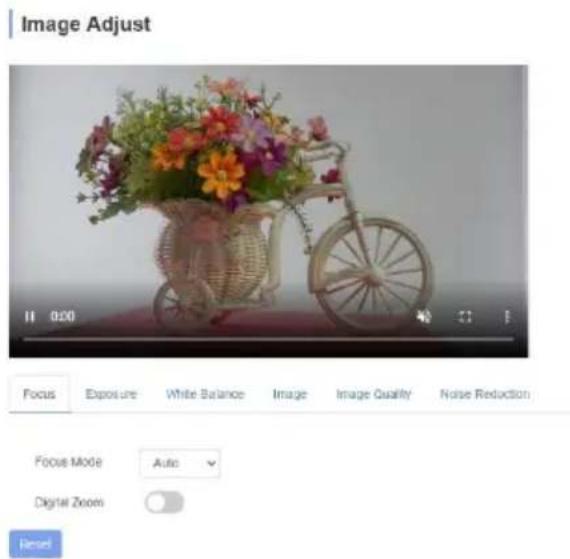 Image Adjust 11 0:00 40 Noise Reduction Focus Exposure White Balance Xi Image Xi Image Quality Focus Mode Auto Digital Zoom Reset