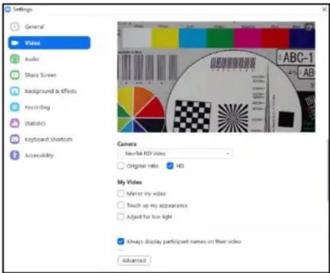Settings General Video Audio Share Screen Background & effects Recording Statistics Keyboard Shortcuts Accessibility Camera NewTek NDI Video Original ratio HD My Video Mirror my video Touch up my appearance Adjust for low light Always display participant names on their video Advanced