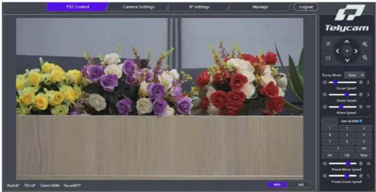 PTZ Control Camera Settings IP Settings Manage Logout Telycam Focus Mode Auto Focus Speed Zoom Speed Move Speed Saw AER/AN 1 2 3 4 5 6 7 8 9 0 Det Set Call Clear Preset Move Speed Preset Zoom Speed Main Sub Pan0.6° Tilt1.0° Zoom:16384 Foxus9677