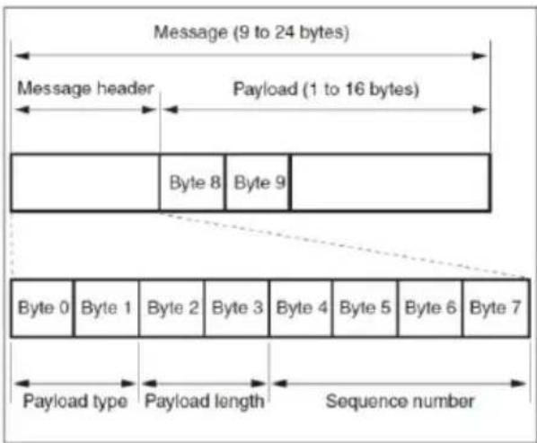 Message (9 to 24 bytes) Message header Payload (1 to 16 bytes) Byte 8 Byte 9 Byte 0 Byte 1 Byte 2 Byte 3 Byte 4 Byte 5 Byte 6 Byte 7 Payload type Payload length Sequence number