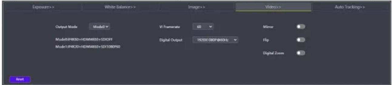 Exposure>> White Balance>> Image>> Video>> Auto Tracking>> Output Mode Model0 Vi Framerate 60 Mirror Model0IF4K00+HDM4K60+SD10FF Digital Output 1920X100P/80Hz Flip Model1IF4K30+HDM4K60+SD1080P90 Digital Zoom Reset