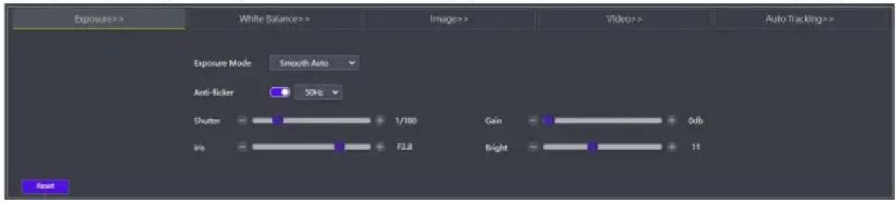 Exposure>> White Balance>> Image>> Video>> Auto Tracking>> Exposure Mode Smooth Auto Anti-flicker 50Hz Shutter 1/100 Gain 0db Iris F2.8 Bright 11 Reset