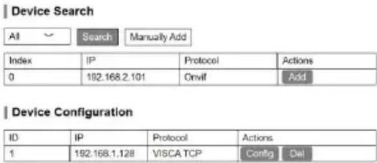 Device Search All Search Manually Add Index IP Protocol Actions 0 192.168.2.101 Onvif Add Device Configuration ID IP Protocol Actions 1 192.168.1.128 VISCA TCP Config Del