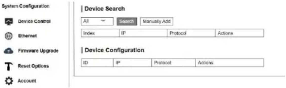 System Configuration Device Control Ethernet Firmware Upgrade Reset Options Account Device Search All Search Manually Add Index IP Protocol Actions Device Configuration ID IP Protocol Actions