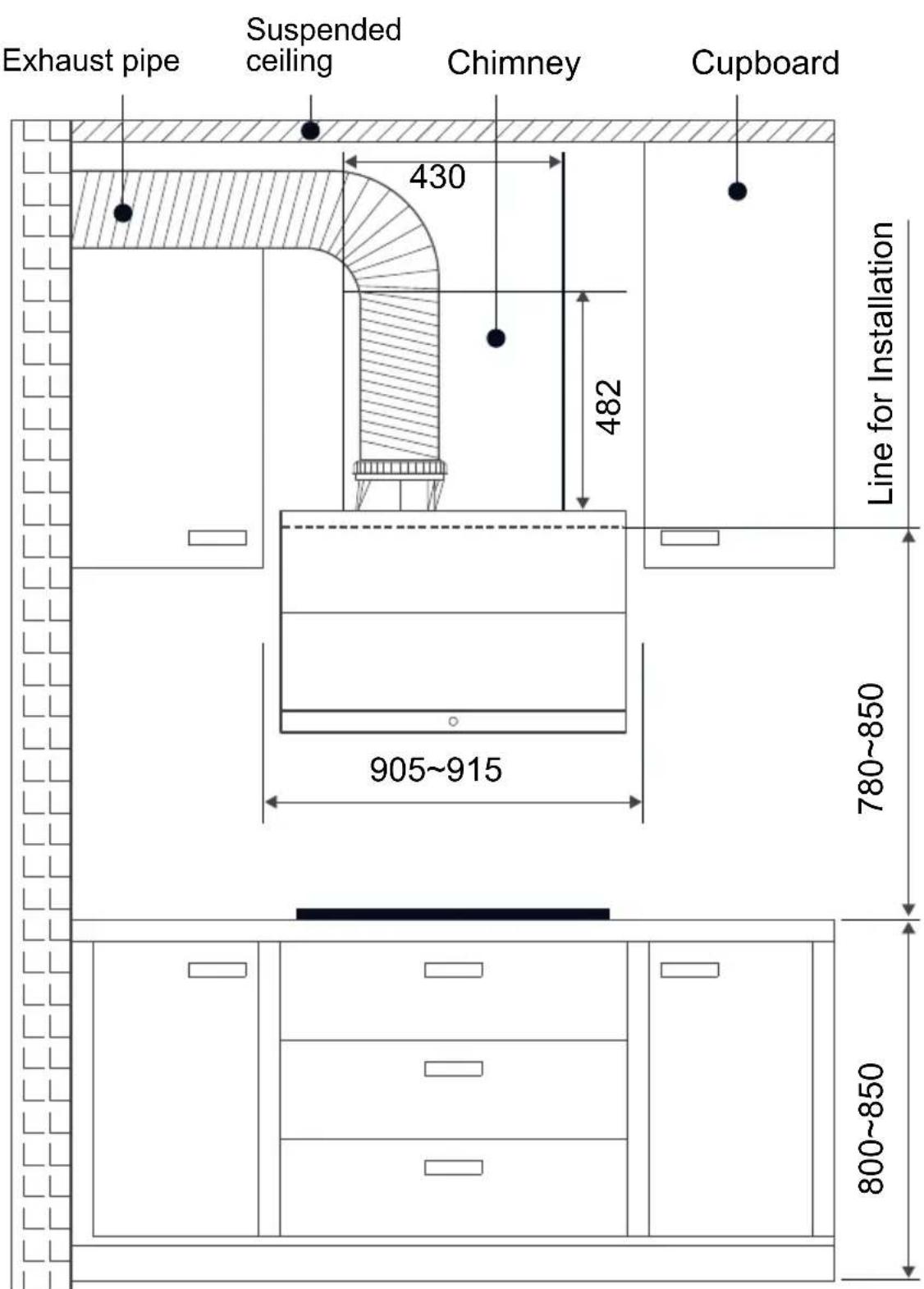 Exhaust pipe Suspended ceiling Chimney Cupboard 430 482 Line for Installation 905~915 780~850 800~850