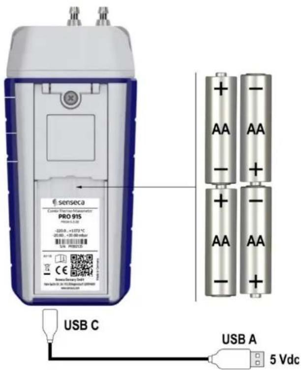Senseca Candio Thermometer PRO 915 -220.0 ~ +1373 °C -20.00 ~ +30.00 mbar S/N PR08722 USB C + - AA AA - + AA AA - + USB A 5 Vdc