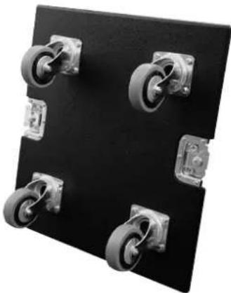 Black rectangular electronic component with four metallic wheels and mounting brackets (no text or symbols visible)