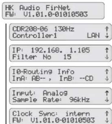 HK Audio FirNet FW: U1.01.0-01010503 CDR208-06 130Hz ↑ Controller1 LAN ↓ IP: 192.168. 1.105 ↑ Filter No 15 ↓ IO-Routing Info ↑ InA: AB--, InB: --CD ↓ Input: Analog ↑ Sample Rate: 96kHz ↓ Clock Sync: intern ↑ FW: U1.01.0-01010503 ↓