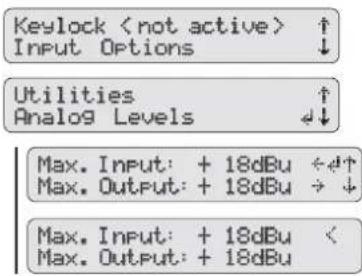 Keylock ↑ Input Options ↓ Utilities ↑ Analog Levels ↓↓ Max. Input: + 18dBu ←↑ Max. Output: + 18dBu → ↓ Max. Input: + 18dBu < Max. Output: + 18dBu