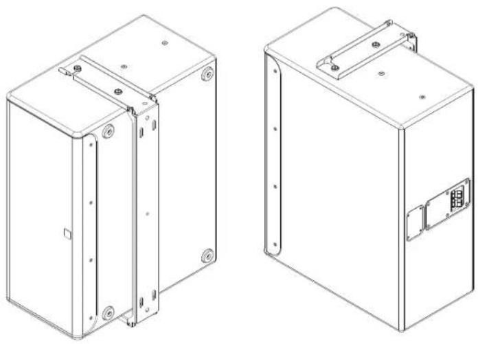 Technical line drawings of two rectangular electronic enclosures with mounting holes and mounting brackets (no text or symbols)