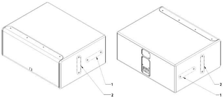 Technical line drawing of two rectangular electronic enclosures with labeled components (no text or symbols beyond labels)