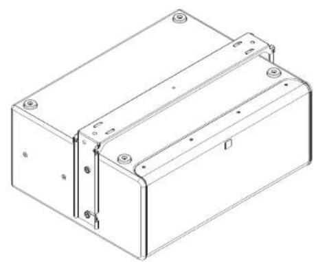 Technical line drawing of a rectangular electronic enclosure with mounting holes and internal components (no text or symbols)