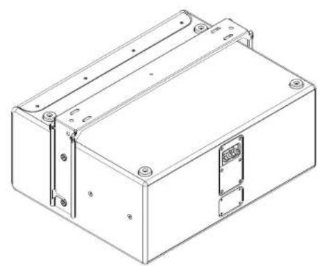 Technical line drawing of a rectangular electronic enclosure with mounting holes and internal components (no text or symbols)