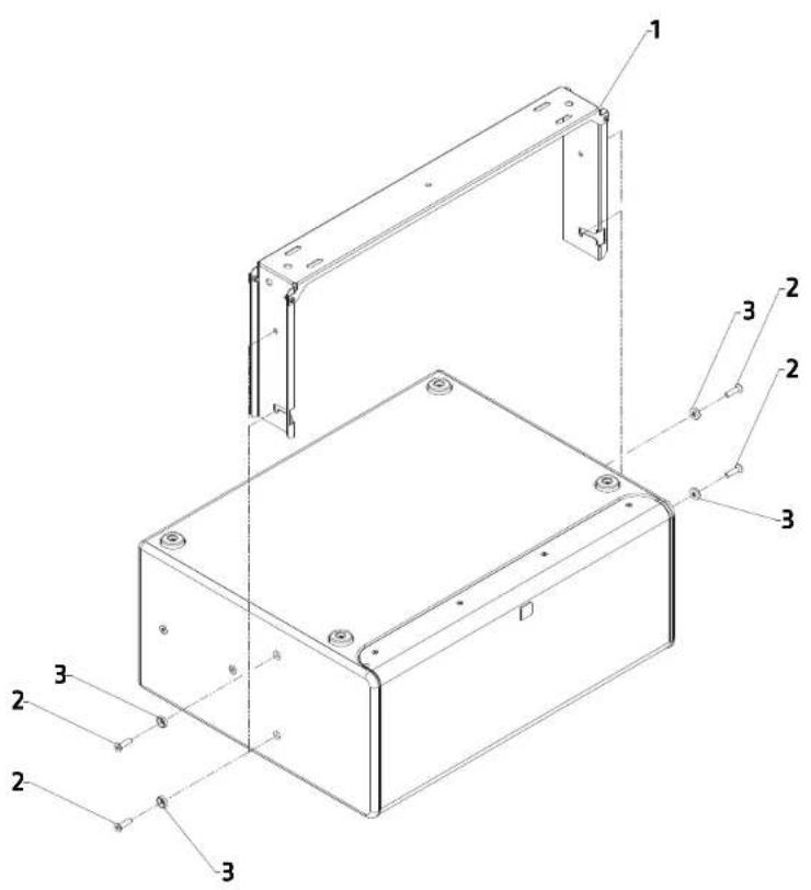 Technical diagram of an electronic enclosure with numbered components and mounting points
