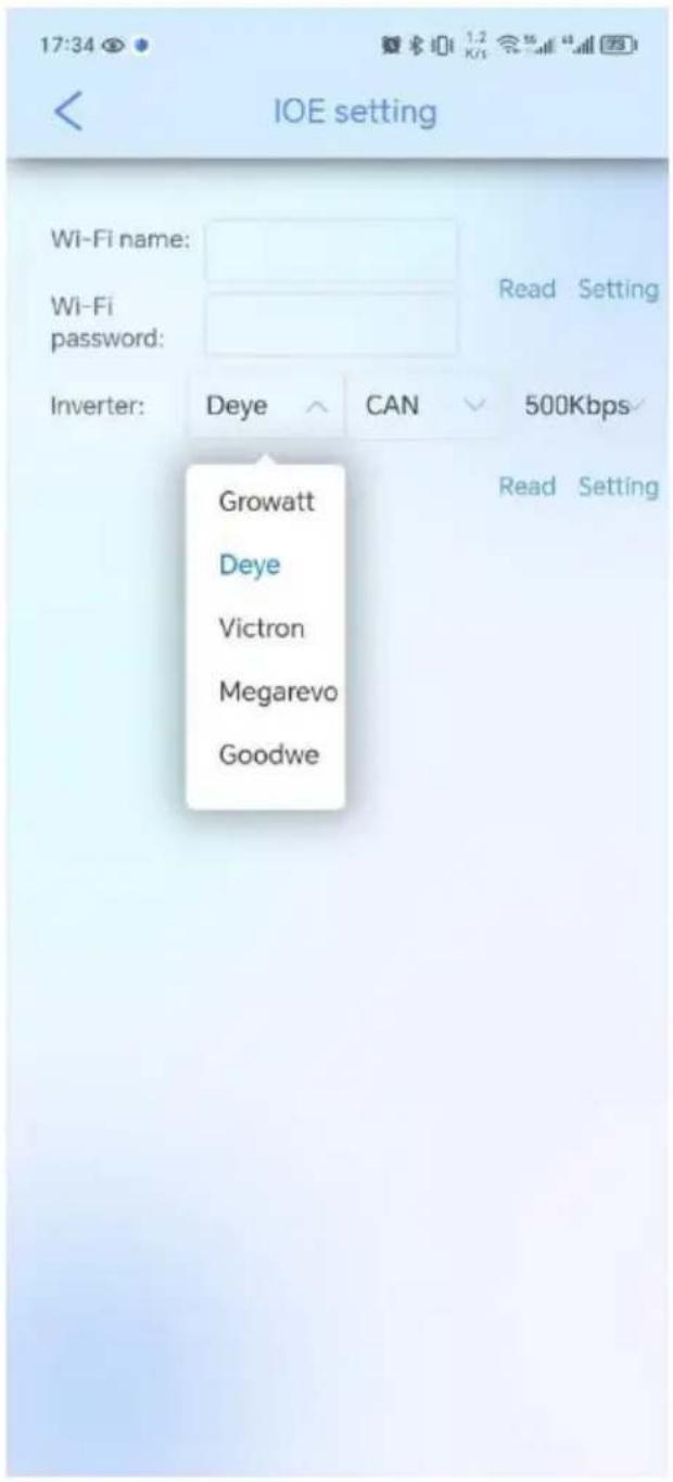 17:34 IOE setting Wi-Fi name: Wi-Fi password: Inverter: Deye CAN 500Kbps Growatt Deye Victron Megarevo Goodwe
