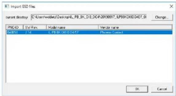 Import GSD files current directory: C:\Users\wodder2\Desktop\NL_PB_3K_D18_D04\20190917_UP98KD18D04EF_01 Change... PNG-ID SW-Rev.Model nameVictor name Out056 2.14 C.PB.BK.D80.D04.FP Phoenix Connect OK Cancel