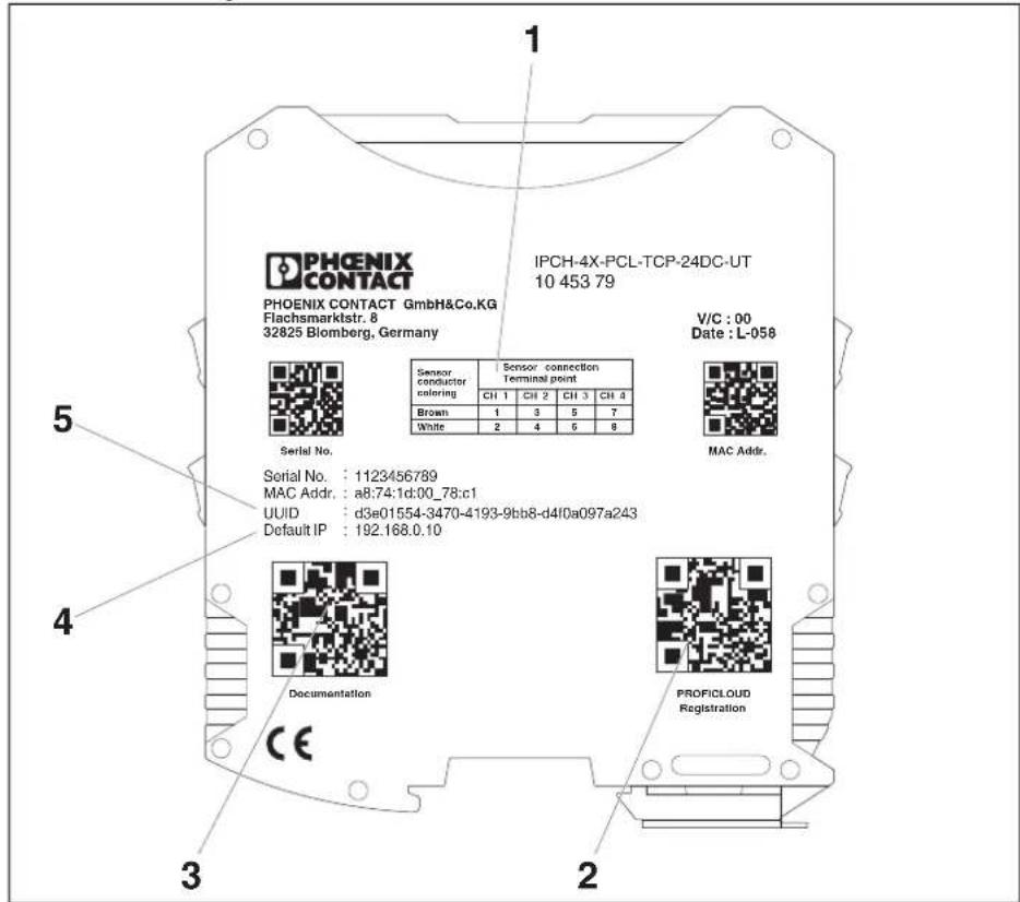 PHOENIX CONTACT PHOENIX CONTACT GmbH&Co.KG Flachsmarktstr. 8 32825 Blomberg, Germany IPCH-4X-PCL-TCP-24DC-UT 10 453 79 V/C : 00 Date : L-058 Sensor conductor coloring Sensor connection Terminal point CH 1 CH 2 CH 3 CH 4 Brown 1 3 5 7 White 2 4 6 8 MAC Addr. Serial No. : 1123456789 MAC Addr. : a8:74:1d:00_78:c1 UUID : d3e01554-3470-4193-9bb8-d4f0a097a243 Default IP : 192.168.0.10 Documentation PROFICLOUD Registration CE 1 2 3 4 5 2 3