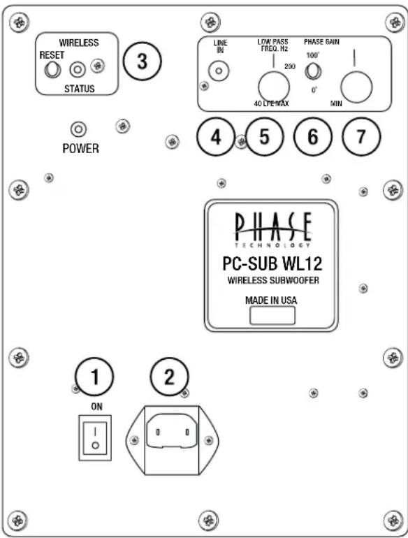 WIRELESS RESET STATUS 3 LINE IN LOW PASS FREQ. Hz PHASE GAIN 200 40 LTE MAX 0' MIN POWER 4 5 6 7 PHASE TECHNOLOGY PC-SUB WL12 WIRELESS SUBWOOFER MADE IN USA 1 ON 2 0 0