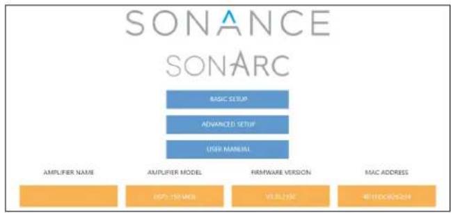 graph TD A["SONANCE SONARC"] --> B["BASIC SETUP"] A --> C["ADVANCED SETUP"] A --> D["USER MANUAL"] A --> E["AMPLIFIER NAME"] A --> F["AMPLIFIER MODEL"] A --> G["FIRMWARE VERSION"] A --> H["MAC ADDRESS"] E --> I["ISO 1500000"] F --> J["VERLIZE"] G --> K["METROCKDOWN"]