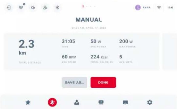 MANUAL 09:54 AM, APRIL 17, 2023 2.3 km TOTAL DISTANCE 31:05 TIME 50 w AVG POWER 200 w MAX POWER 60 RPM 224 Kcal 5 APK SPREAD TOTAL CALORIES AVG METS SAVE AS... DONE