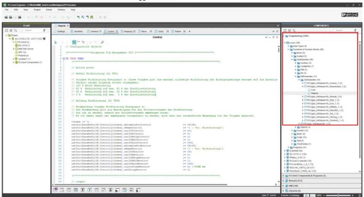 PLC design Engineer - C:\Users\WIN_Loort\win\Interspan\PCU.power File Edit View Project Tools Window Help PLC design Control // Configuration Objects (**)#spise P/Q Management PCU 1***** // Active power // Befehl Wirkleistung (%): TR60 // Vorgabe Wirkleistung EnrgPierart x: Diese Vorgabe gibt die maximal rufemige Wirkleistung der Erzeugprenlage besagen auf die Anschluss // Derbeit wennes folopame Stufen Vorpeptens: // 100 % Keine Reduzierung // 60 % Reduzierung auf max. 60 % der Anschlussleistung // 30 % Reduzierung auf max. 30 % der Anschlussleistung // 2 % Reduzierung auf max. 2 % der Anschlussleistung // Waldung Wirkleistung (%): TR36 // Rückstellung Vorgabe Wirkleistung Enrgpierart x: // Die Rückstellung gilt als Beteitigung für die Sollverrerrgabe der Wirkleistung. // Fix ist zu senden, enbind die Sollverrerrgabe empfangen wurde. // Fix ist indai esakt der empfangene Torpsbewert zu senden, auch wenn die tatsächliche Abrechnung von der Vorgabe absreicht. iIndex => 1; udInitParaRsyIOX.Control[1][Index].xDisableProuControl1 udInitParaRsyIOX.Control[1][Index].xNameControl1 udInitParaRsyIOX.Control[1][Index].usIDVControl1 udInitParaRsyIOX.Control[1][Index].usIDIAControl1 udInitParaRsyIOX.Control[1][Index].usIDMAHighControl1 udInitParaRsyIOX.Control[1][Index].usIDMALowControl1 udInitParaRsyIOX.Control[1][Index].usIDLowControl1 udInitParaRsyIOX.Control[1][Index].xDisableProuMonitor1 udInitParaRsyIOX.Control[1][Index].xNameMonitor1 udInitParaRsyIOX.Control[1][Index].usIDIAMonitor1 udInitParaRsyIOX.Control[1][Index].usIDMAHighMonitor1 udInitParaRsyIOX.Control[1][Index].usIDMALowMonitor1 udInitParaRsyIOX.Control[1][Index].ixCycleTimeMonitor1 udInitParaRsyIOX.Control[1][Index].usIDGroupMonitor1 (***** // mephi COMMENTS Programming (FUM) Local (L35) Data Types (S) Functions & Functions Blocks (B8) Basic (B) Control (C) GndOperator (D) Audio (A) Configtes (T) HMA (M) Inf (I) InfParameter (I) GndOperator (I) PCOplus_inflvalueInfo_Awaren_1 (2) PCOplus_inflvalueInfo_Bayerewert_1 (2) Core Objects PCOplus_inflvalueInfo_Default_1 (2) PCOplus_inflvalueInfo_Eire_1 (2) PCOplus_inflvalueInfo_Mitter_1 (2) PCOplus_inflvalueInfo_Hetzels_1 (2) PCOplus_inflvalueInfo_Teri_1 (2) PCOplus_inflvalueInfo_Werap_1 (2) PCOplus_inflvalueInfo_Nordnet_1 (2) PCOplus_inflvalueInfo_1 (2) Objects (A) IC 41131/1(0) Meter (A) Purty (A) Text (A) This Parts (Y) Programs (A) Control (A) EC 41131/1(0) IPWpp_2162 (A) PLCset Component (B) PLCsetBlock_1_6 (A) Reytlte_V0000_Lib_1(7) Reytlstock_V0000_Lib_1(8) PLCset Components & Programs (S) Network (S72) RM (M9) Libraries (N)